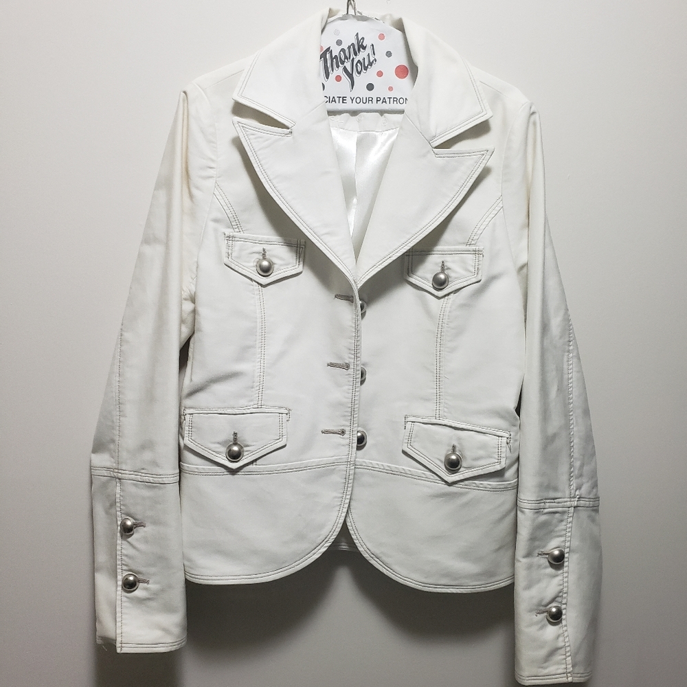 Vila Military Cream Blazer Jacket 100% Cotton Satin Lining Silver Hardware S-L